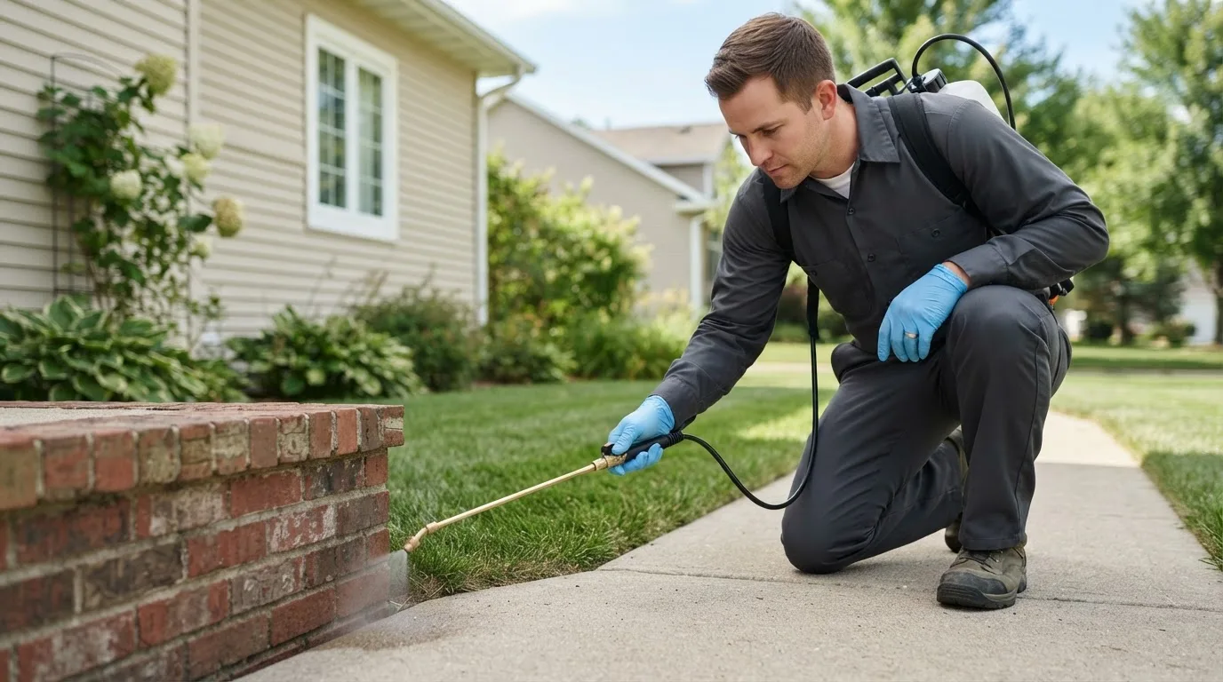 Pest control technician treating a home near Hollis, NH